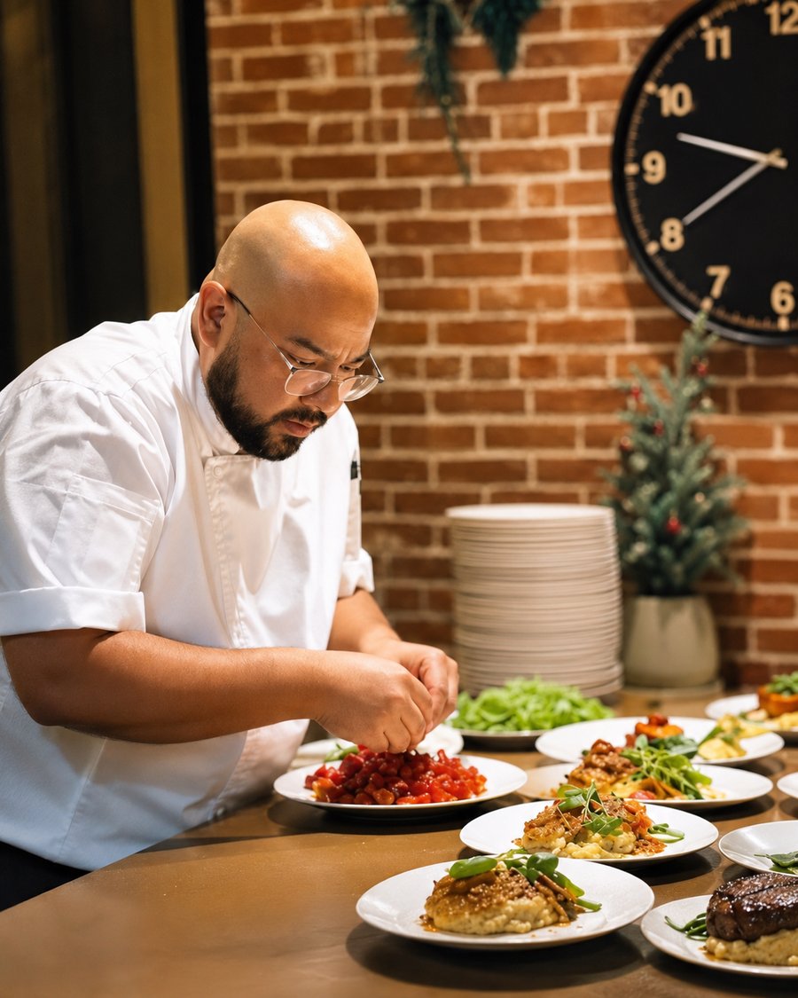 Chef Saul Lopez plating dishes in his kitchen