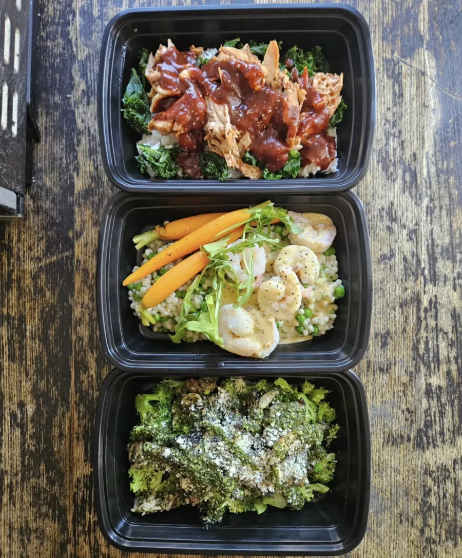 Weekly meal prep — BBQ chicken, shrimp couscous and roasted broccoli